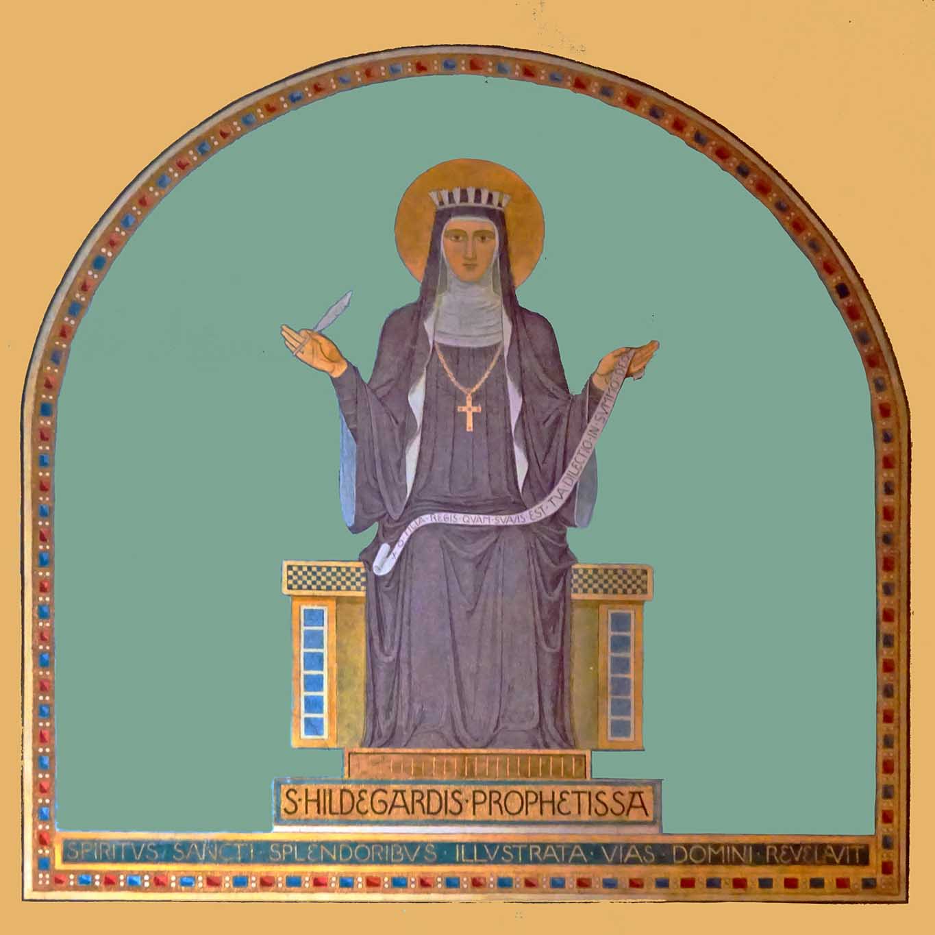 Hildegard von Bingen dargestellt in einem Bild in der Abtei Sankt Hildegard bei Rüdesheim am Rhein.