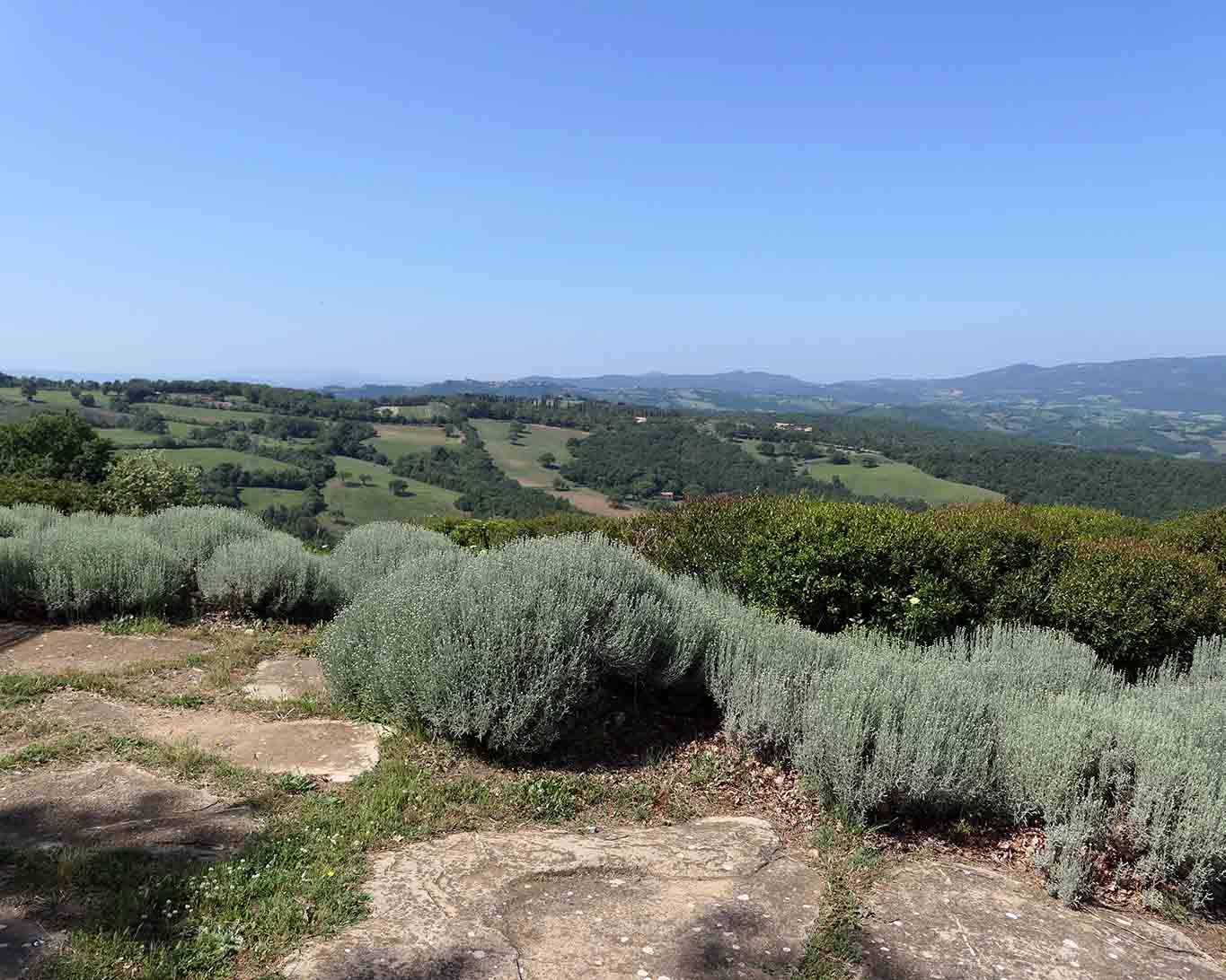 Monastero di Siloe, Klostergarten: Harmonische Landschaft mit Hügeln und Sträuchern und die Maremma