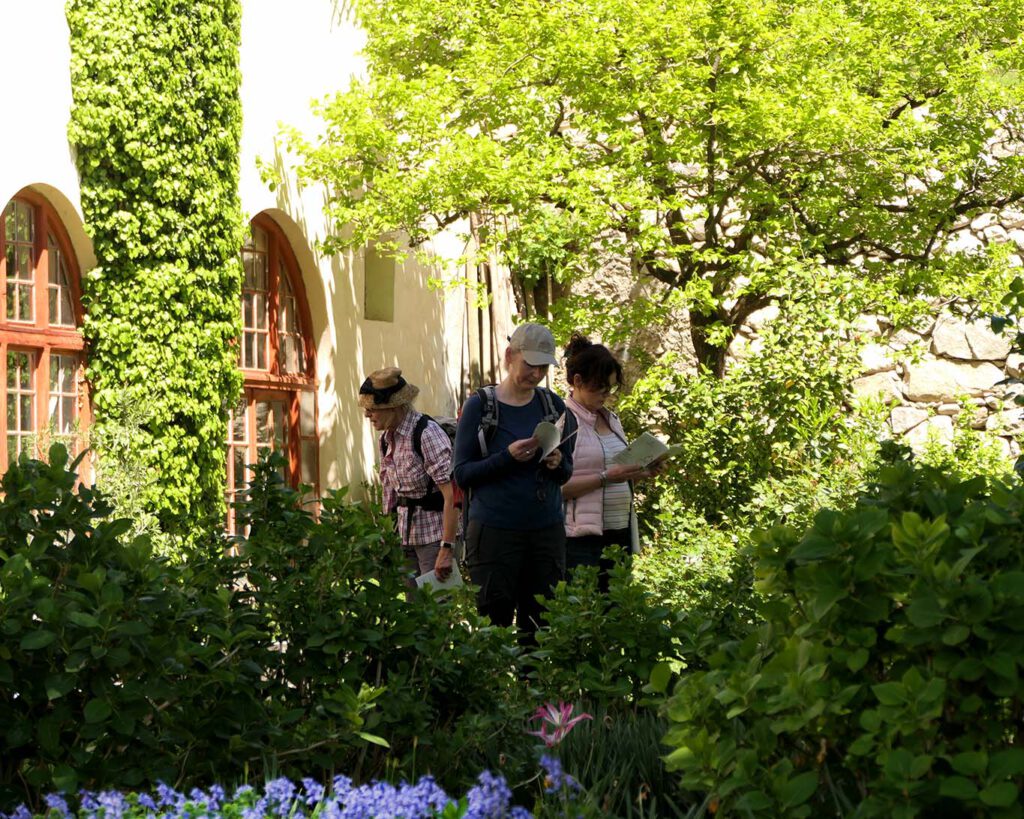 Wissbegierige Besucherinnen inspizieren die Klostergärten in Neustift.