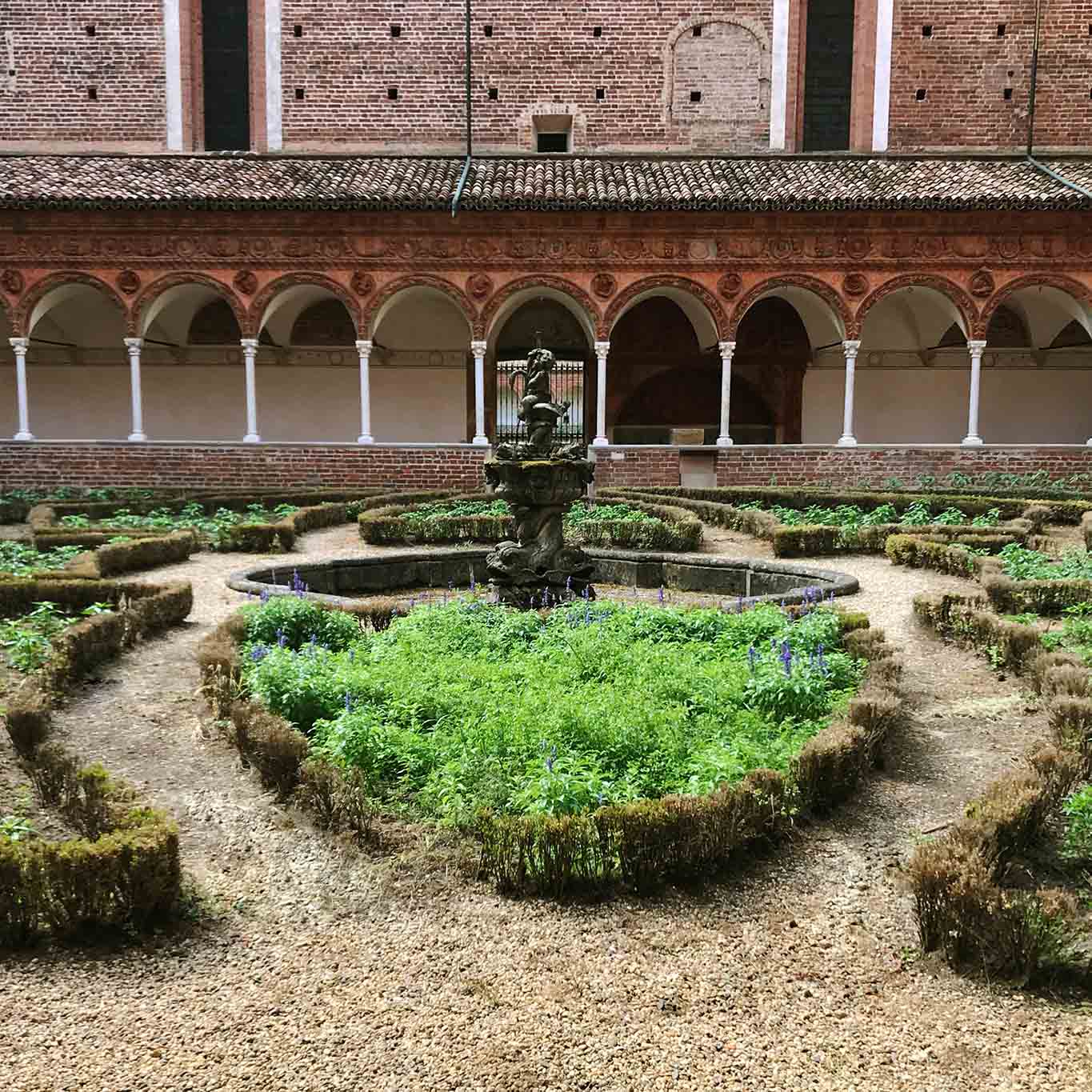 Der kleine Kreuzgang der Certosa di Pavia mit seinen Beeten aus Kräutern und bereits abgeblühtem Lavendel.