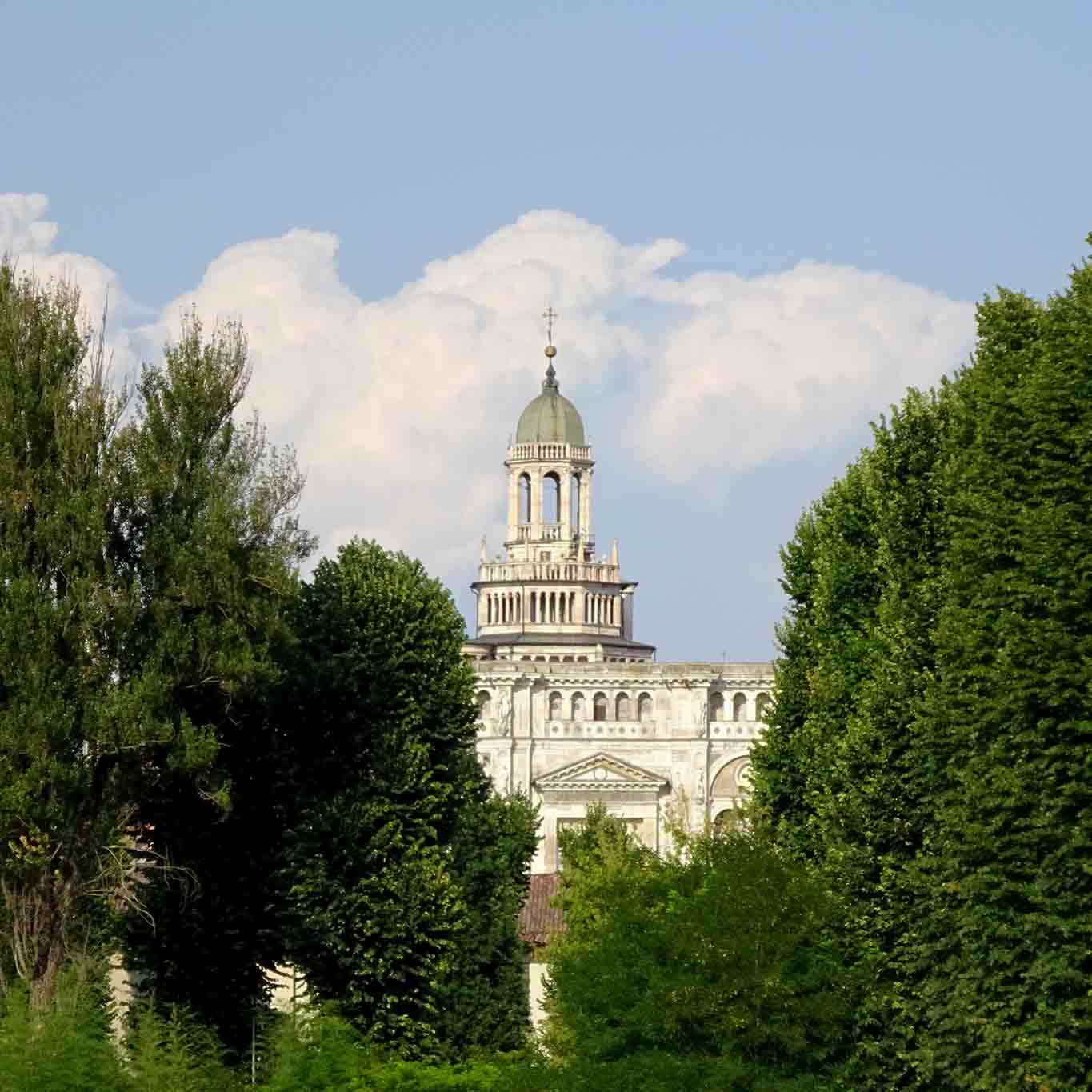 certosa die pavia turm wolken bäume abends