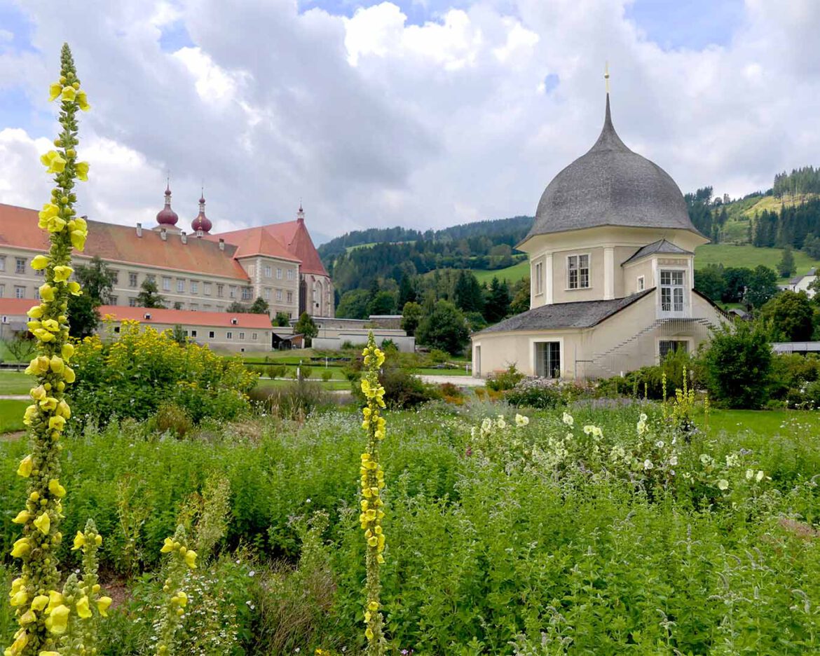 gartenansicht mit königskerzen benediktinerstift st lamprecht