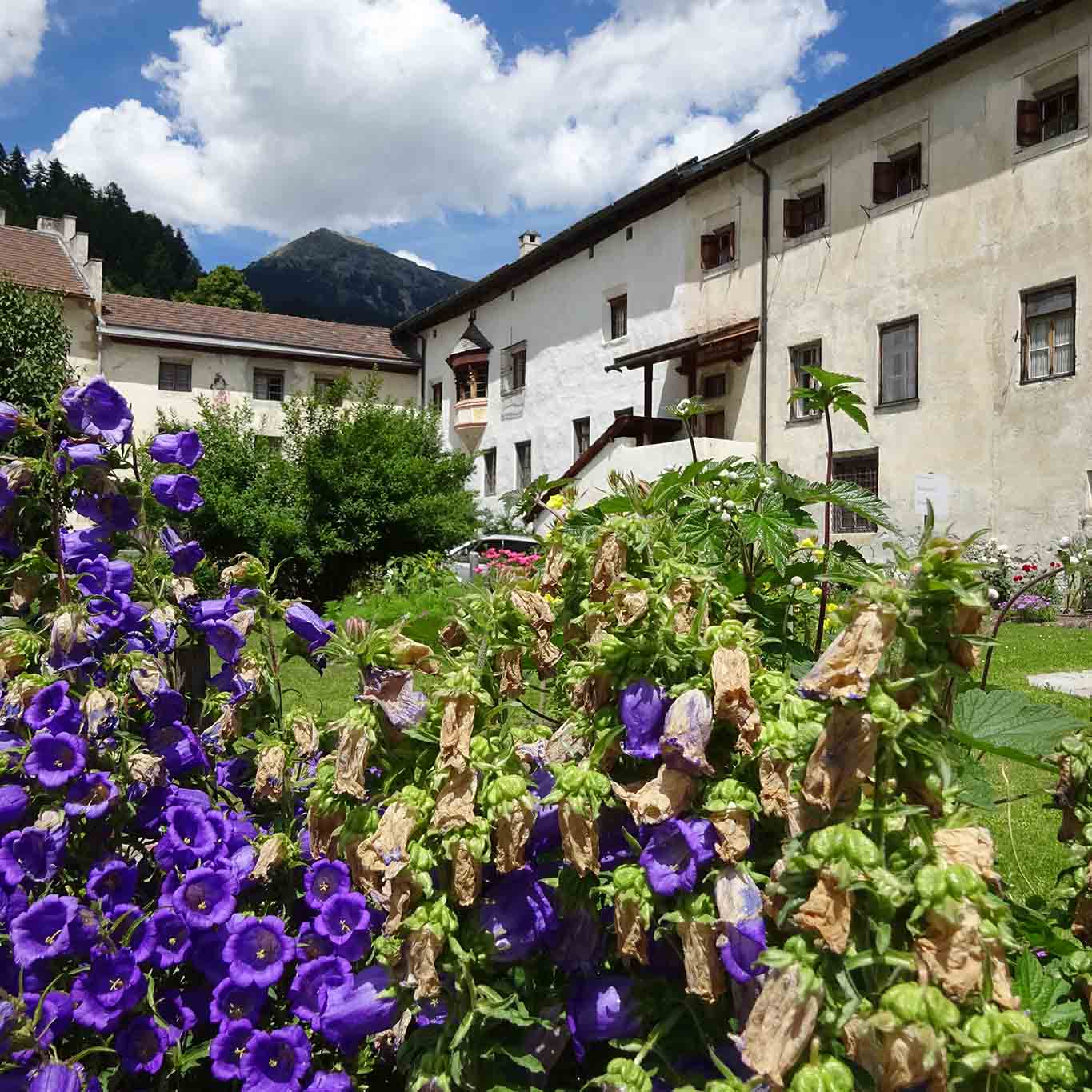 Ein Blumengarten unterhalb des Gästehauses. kloster muestair gartentraum