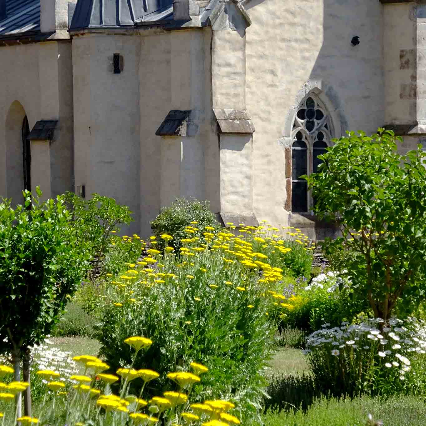 Der bunte Garten betont die schlichte gotische Architektur der Zisterzienser. zisterzienser abtei marienstatt rainfarn und kirche