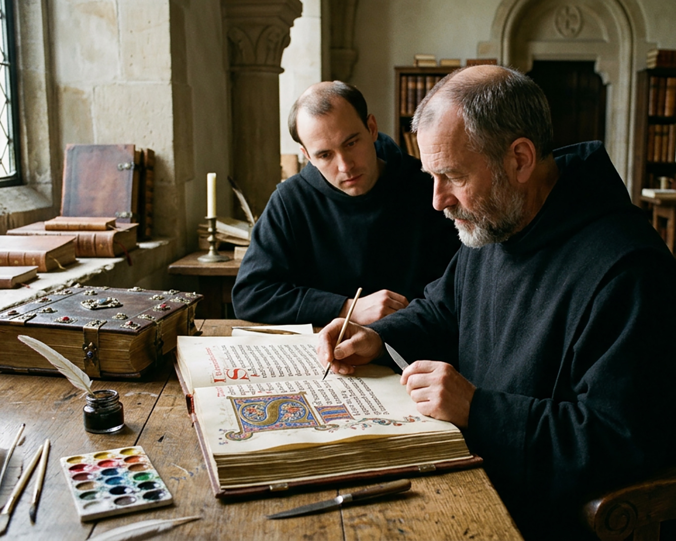 Benediktinermönch arbeitet im Scriptorium an einem reich verzierten Buch.
