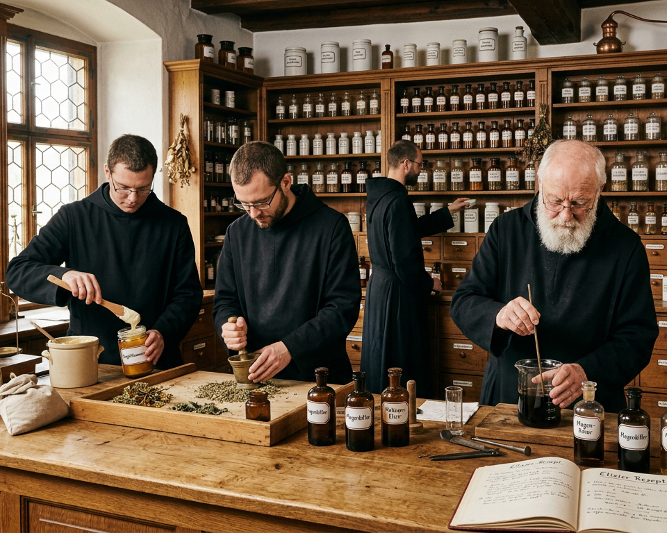 Benediktinermönche arbeiten in einer mittelalterlichen Klosterapotheke und stellen Pulver, Salben und Elixiere her.