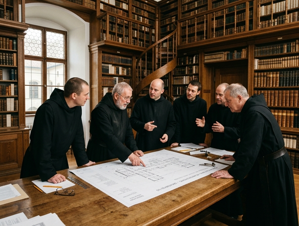 Benediktinermönche beraten über einen Bauplan in einer Klosterbibliothek.